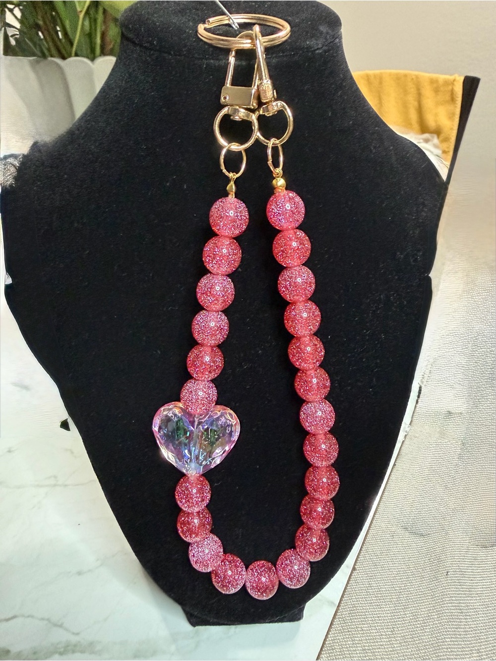 Sparkling Pink Beaded bag charm/Key kay holder with Iridescent Heart Pendant